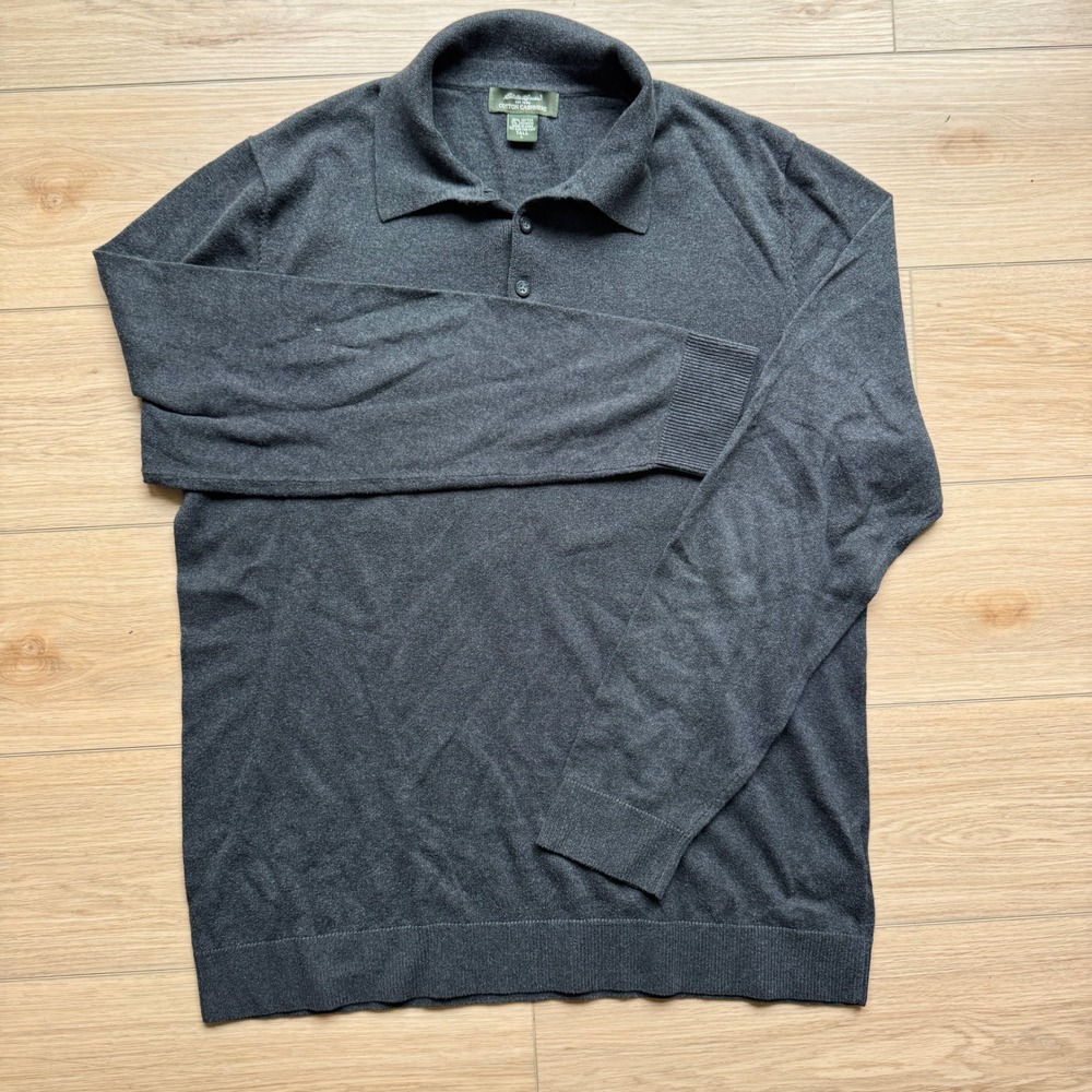 Eddie Bauer Mens Large Tall Gray Cotton Cashmere Long Sleeve Polo Sweater
